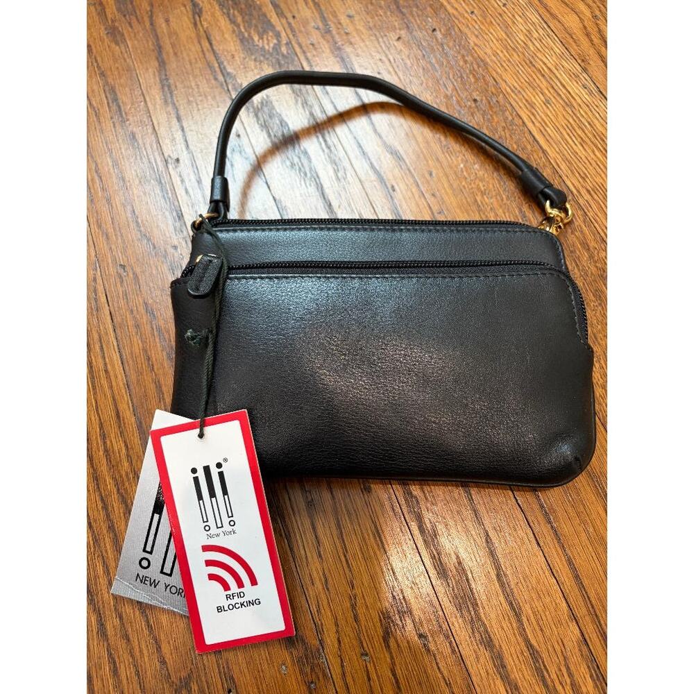 ✨ Genuine Black Leather Wristlet Wallet - Sleek Minimalist Clutch